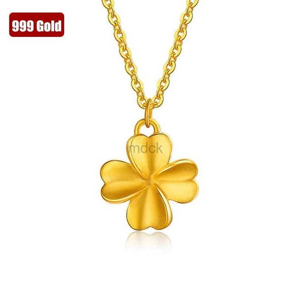 Colliers de pendentif 999 Collier pendentif en or pur réel 24k Gol à quatre feuilles Pendant pour femmes Fine bijoux Gift 240419