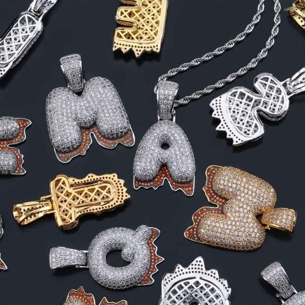 Colliers pendents A-Z Lettres Nom Red Drip Bubble Hip Hop Men Femmes Gold Silver Color Cumbic Zircon Lettre charmes cadeau