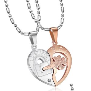 Colliers pendentifs Collier coeur brisé Aceroll - Pendentif fendu en acier inoxydable avec clé et serrure en couleur or Sier pour couple amoureux Dhvzk