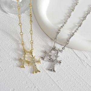 Hanger Kettingen Acheerup Nieuwe Mode Zirkoon Double Cross Ketting voor Vrouwen Trendy Dikke Ketting Lichtmetalen Hanger Christelijke Sieraden Kerstcadeau J230601