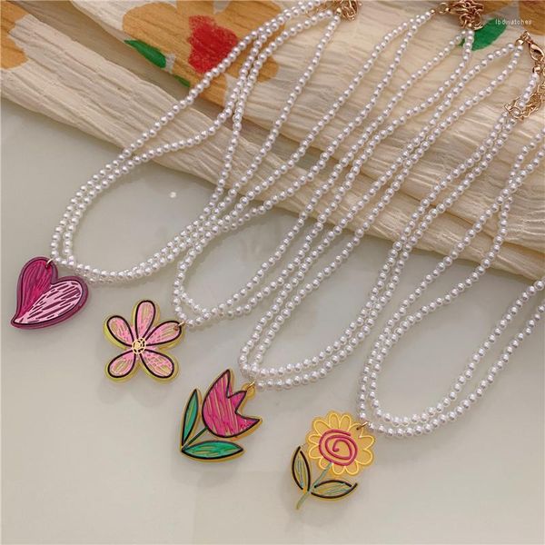 Collares colgantes Flor acrílica Collar de perlas dobles Tulipán Girasol Resina en forma de corazón para mujeres Regalos de joyería romántica