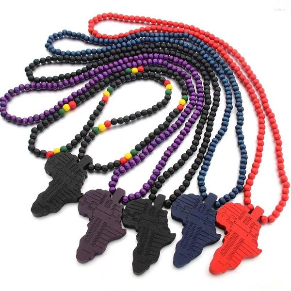 Pendentif Colliers Afrique Carte Bois Collier Femmes Hommes Hiphop Perles Perlée Gravé En Bois Charme Bijoux