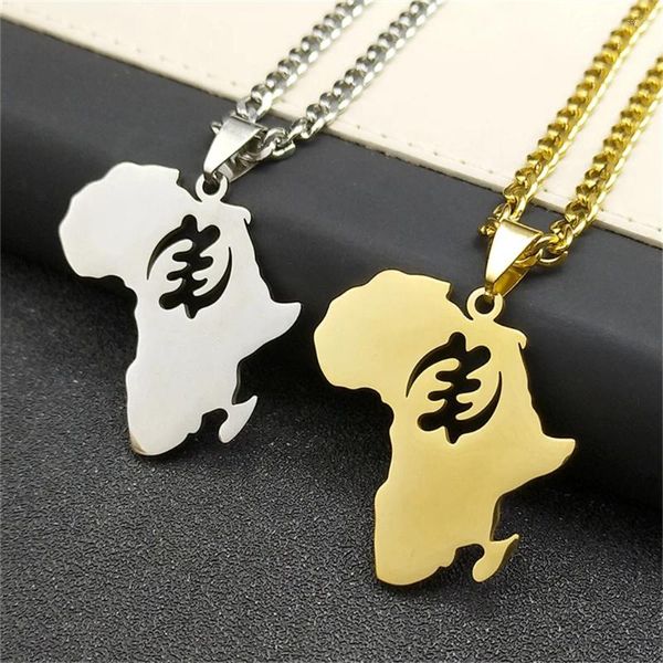 Colliers pendants Symbole africain Adinkra Gye Nyame Carte pour les femmes Men Souprématie en acier inoxydable de God Chain Collier Bijoux 8094-QKC