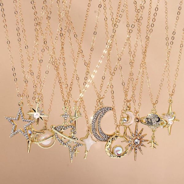Colliers pendants Aihua exquis y2k or couleur cristal soleil lune étoile pour femmes coréen tempérament clavicule chaîne d'anniversaire bijoux cadeau