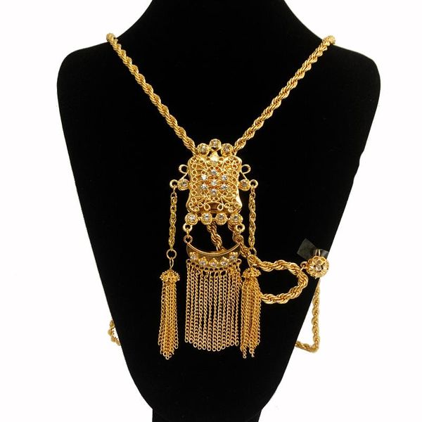 Collares pendientes Collar de boda argelino Cadena larga Borlas chapadas en oro con cristales Mujeres árabes Hombro Cofre Joyería
