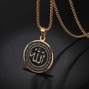 Hangende kettingen Allah ketting voor mannen roestvrij staal goud kleur ronde hanger ketting islamitische sieraden amulet moslimgeschenken y240420