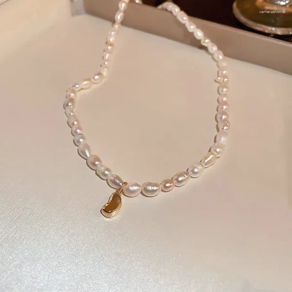 Pendentif Colliers Allme mignon belle couleur or métal haricot pour femmes perle d'eau douce perlée collier ras du cou bijoux quotidiens