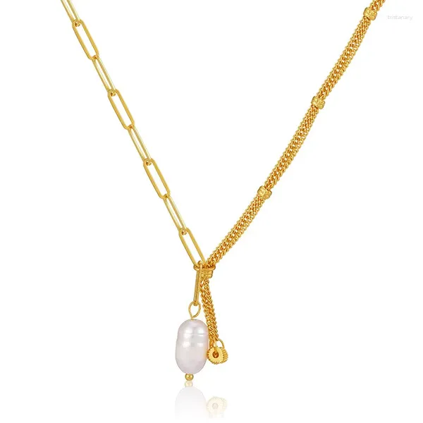 Pendentif Colliers ALLME Élégant 18K Véritable Plaqué Or Laiton Naturel Perle D'eau Douce Gland Asymétrie Chaîne Colliers Pour Femmes