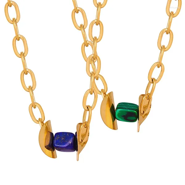 Colliers pendants Allme Ethnique 18K Gol PVD Titane en acier bleu vert Natural Agate Rammel Cube Cube Choker pour les femmes