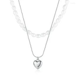 Collares colgantes ALLME Francés Perla de agua dulce Corazón metálico para mujeres 14K Oro Chapado en plata Cobre Doble Capas Gargantilla