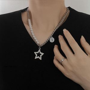 Collares pendientes ALLME Rock Hollow Star Gargantillas para mujer Dama asimétrica Faux Pearls Beaded Chunky Cuban Chain Necklace