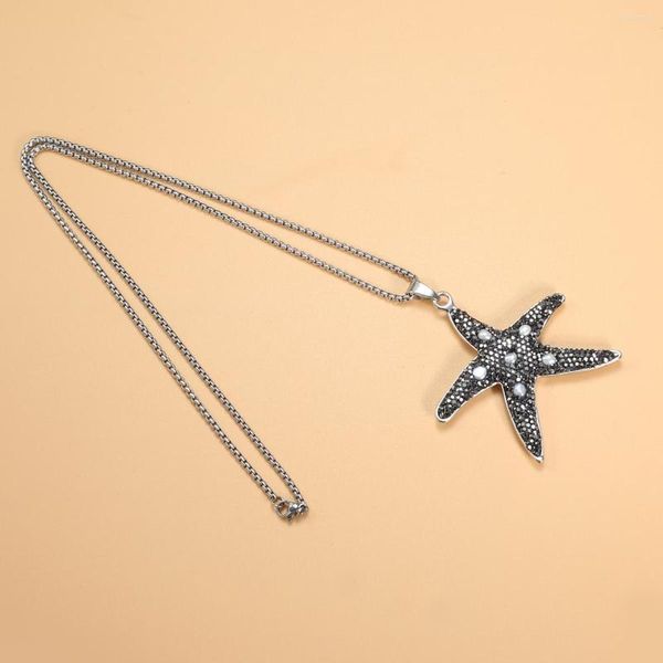 Collares pendientes Colgantes de aleación Collar Forma de estrella de mar Diamantes de imitación negros Cadena de acero inoxidable pegada para regalo de joyería