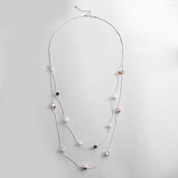 COLLAR COLGANTE ALLYES, collar con cuentas de Metal y perlas a la moda para mujer, cadena larga de Color plateado de doble capa, joyería con abalorio