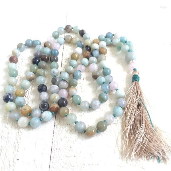 Collares pendientes Amazonite Rose Q-uartz Mala Beads con borla hecha a mano Neacklace 108 Bead tradicional collar anudado a mano Yoga