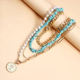 Pendentif Colliers Bijoux Bohème Américain Boho Couches Turquoise Perle Collier De Perles Ensemble Avec Trombone Chaîne En Métal Cercle Tour De Cou Pour