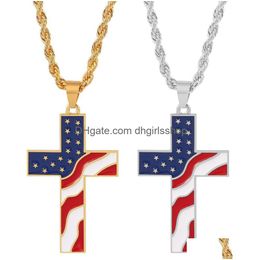 Colliers pendentif étoiles et rayures américaines croix pendentif colliers en acier inoxydable drapeau américain collier accessoires de bijoux de mode avec Dherv