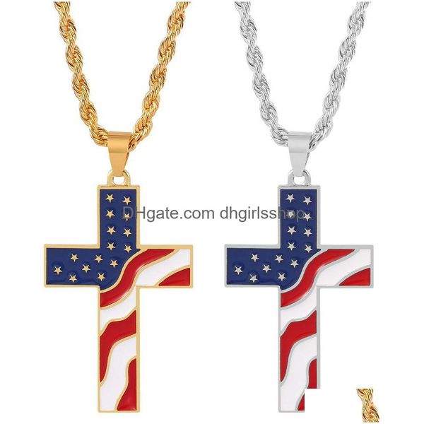 Pendentif Colliers Étoiles américaines et rayures Croix en acier inoxydable Drapeau américain Collier Accessoires de bijoux de mode avec chaîne Drop Deli Dhcox