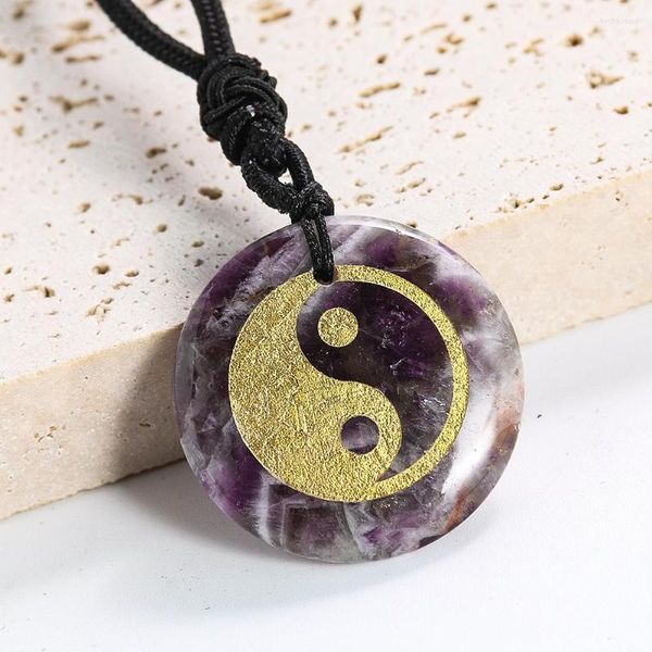 Pendentif Colliers Améthyste Taiji Yin Yang Collier taoïste huit trigrammes motif de poisson pierre de cristal naturel Aura religieuse bijoux cadeau