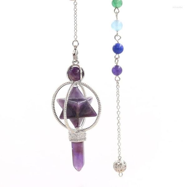 Pendentif Colliers Améthystes Pierre Merkaba Symbole Argent Plaqué Fil Wrap Hexagone Colonne Avec Guérison Chakra Perles Chaîne Bijoux