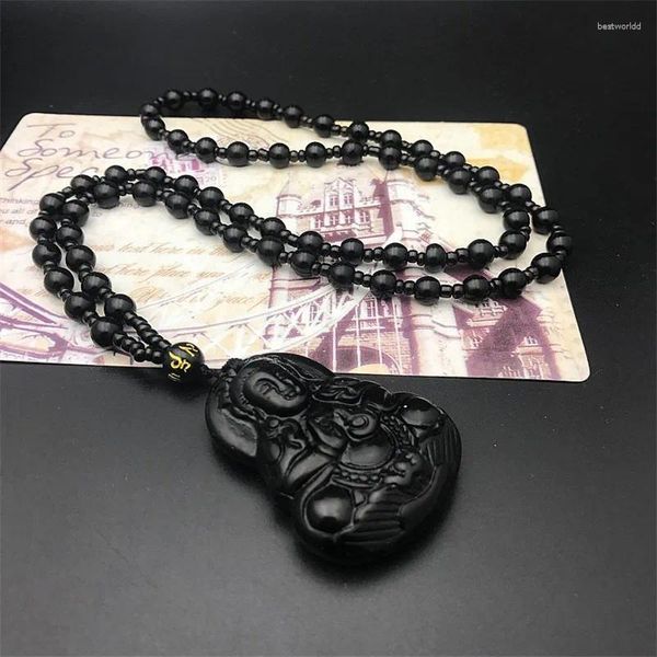 Collares colgantes Collar de Amitabha Obsidiana negra tallada Buda Amuleto de la suerte para mujeres Hombres Joyería Regalos Gota