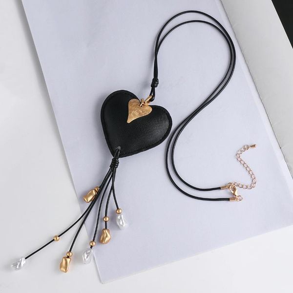 Pendentif Colliers Amorcome Ethnique Noir Grand Coeur Abstrait Colar Long Collier En Cuir Perles En Métal Chaînes De Gland Femmes Fête Des Mères Gi