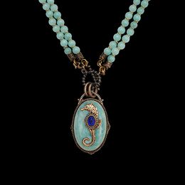 Collares colgantes Amorita boutique Cadena de piedra de mármol Diseño de caballito de mar Collar vintage natural verde esmeralda 230506