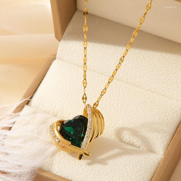 Collares pendientes amuleto corazón esmeralda para mujer Color oro acero inoxidable verde circón gargantilla regalo de joyería de boda