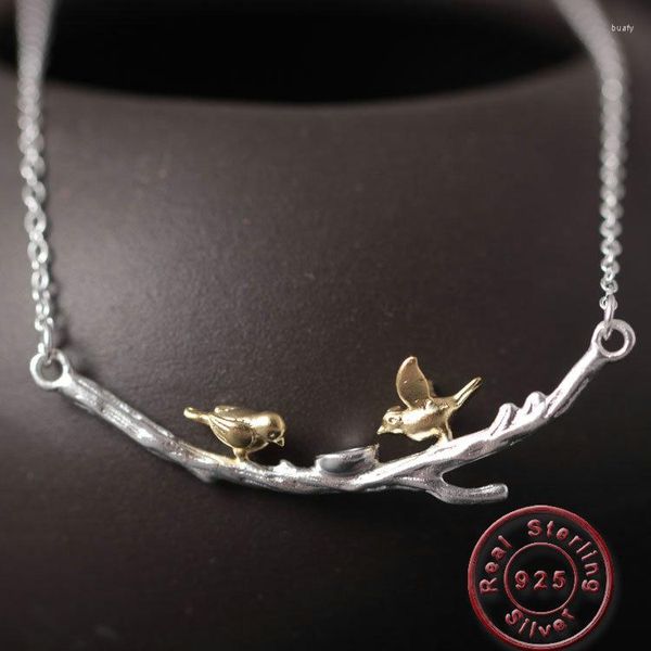 Collares pendientes Amxiu Plata de Ley 925 collar de pájaros dobles hecho a mano rama de Color de dos tonos para mujeres niñas Accesorios
