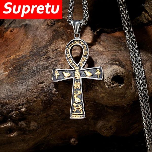 Collares colgantes Antiguo egipcio Ankh Cruz Hombres Retro Mitología Símbolo Cadena Acero inoxidable Cuneiforme Caracteres Amuleto Encanto Joyería