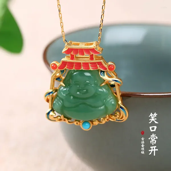 Pendentif Colliers Ancien Plaqué Or Maitreya Bouddha Imitation Hetian Jade Rétro Minorité Design Lumière Collier De Luxe Pour Les Femmes