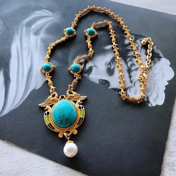 Pendentif Colliers Antique Western Turquoise Collier Chaîne Cheval Beizhu A59