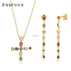 Colliers pendants Andywen 925 Sterling Silver Gold Rainbow Cross Zircon Collier Long Chain Drop Earring 2020 Rock Punk Fashion Fashion Bijoux Set 240419