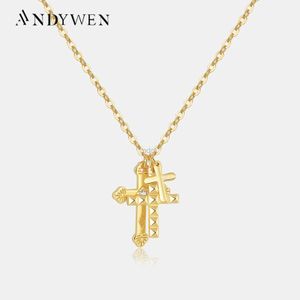 Hangende kettingen Andywen Winter 925 Sterling Silver Gold Three Cross Pendant Charm Lange ketting ketting 2023 Fashion Fine Jewelry 2021 Gift 240419