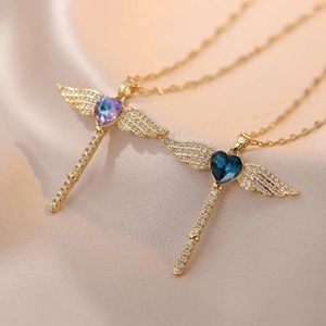 Pendentif Colliers Angel Wings Cross Collier pour femmes Cupidon Coeur Cristal Bijoux Accessoires Anniversaire Cadeau Amoureux Familles