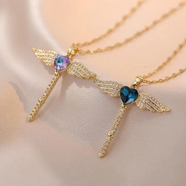 Collares colgantes Alas de ángel Collar cruzado para mujeres Cupido Corazón Cristal Accesorios de joyería Aniversario Regalo Amantes Familias