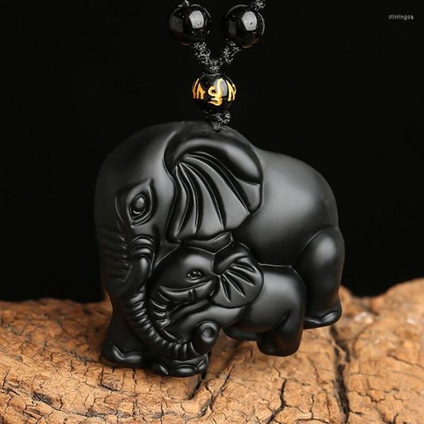 Collares pendientes Collar de animales Trabajo hecho a mano Obsidiana negra natural Tallada Madre Bebé Elefante lindo Hombres Amuleto Cadena de joyería de la suerte
