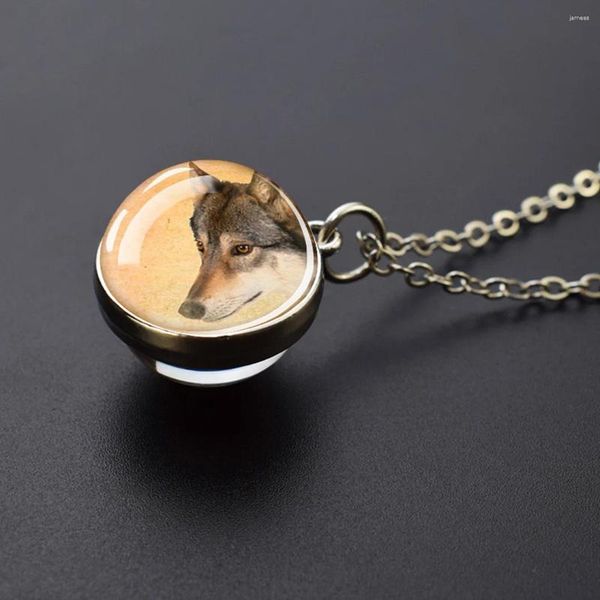 Pendentif Colliers Collier Animal Wolf Image Double Face Verre Boule Fierce Jumelé Avec Des Vêtements De Mode