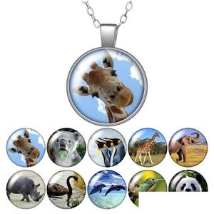 Collares pendientes Animales Jirafa Panda Elefante Delfín Collar Redondo 25Mm Cabujón de Cristal Sier Color Joyería Mujeres Regalo de Cumpleaños 50C Dhn2P