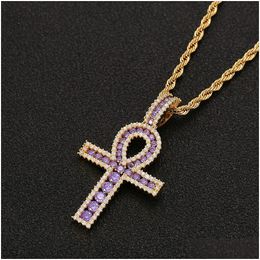 Collares colgantes Ankh Cross Gold Sier Copper Material de cobre helado Egipto Collar Collar Men Mujeres Hiphop Joyas Drop entregada Dhmwa