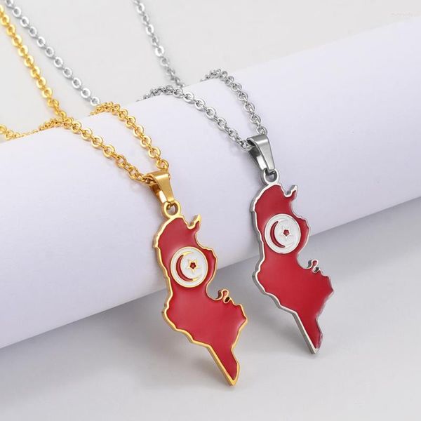 Pendentif Colliers Anniyo Tunisie Carte Drapeau Tunisien Charme Bijoux En Acier Inoxydable Chaîne #300101