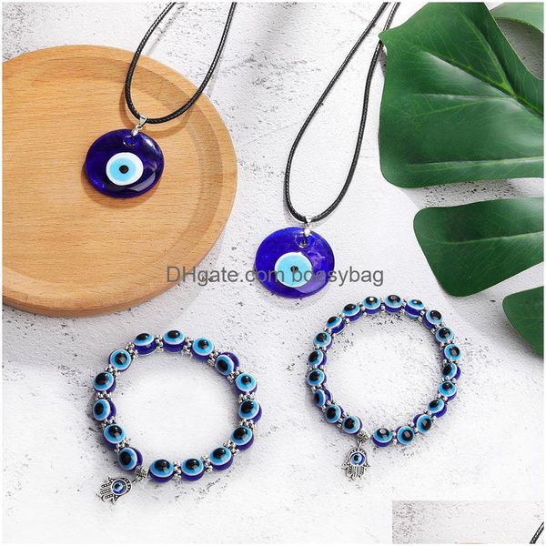 Antique Deep Sea Blue Evil Eye Pendentif Collier Turc Ras Du Cou Verre Yeux En Cuir Corde Chaîne Bijoux Cadeau Drop Deliv Dhfxc