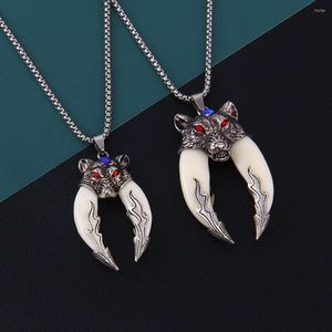 Pendentif Colliers Antique Double Sanglier Loups Dent Tibétain Argent Loup Collier Cadeau Vintage Animal Chandail Chaîne