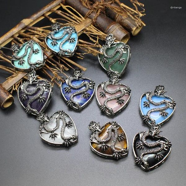 Collares colgantes Forma de corazón antiguo Gemas naturales Piedra Amatistas Cuarzo rosa Lapislázuli Dragón Collar vintage Colgantes