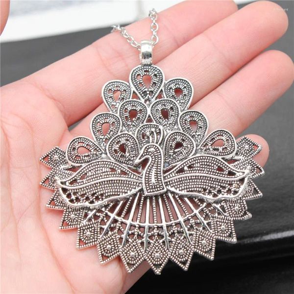 Colliers pendentifs Color en argent antique 78x70 mm Big Paacock Collier pour femmes hommes Long Chain