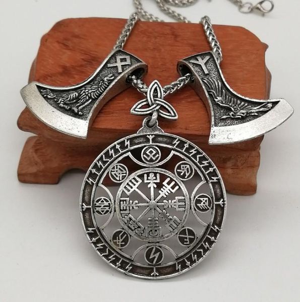 Pendentif Colliers Argent Antique Vegvisir Boussole Corbeau Loup Hache Collier Viking Rune Amulette Collier HommePendentif