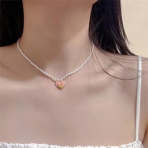 Colliers pendants Aomu Gold Color Pink Tulip Heart Imitation Perle Collier pour femmes Girls Elegant Alloy Choker Clavicule Chain Accessoires