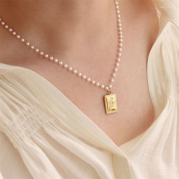 Collares pendientes AOMU Vintage Color dorado pintado a mano tulipán flor rectángulo marca imitación perla cadena collar para mujer joyería
