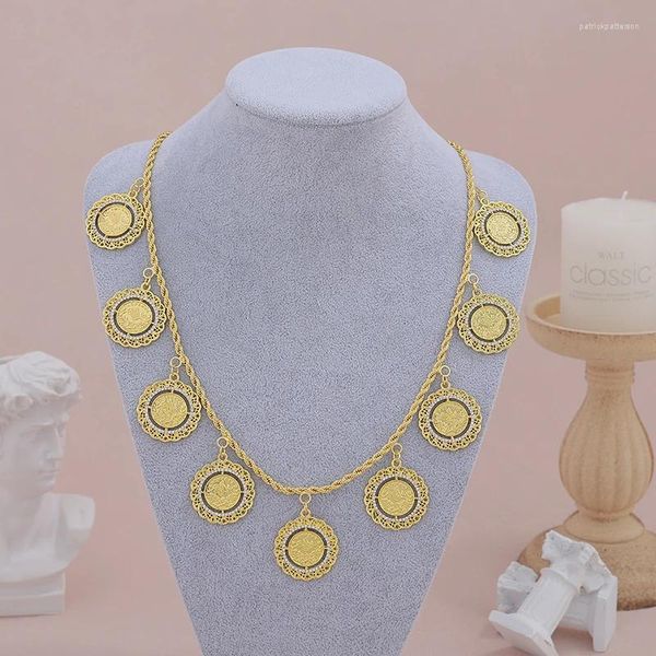 Collares colgantes de vestidos de novia árabe moneda estilo étnico redondo dos lados color oro copos de joyería nupcial