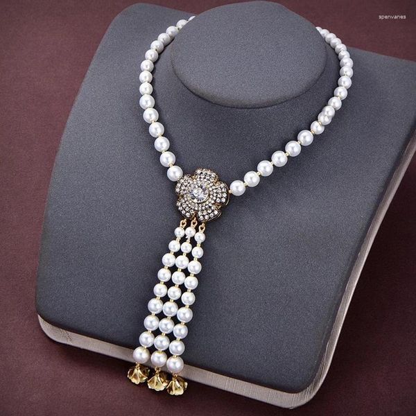 Pendentif Colliers Arrivée Mode Charm Collier Rose Fleur Glands Rétro Imitation Perle Style Chaîne Femmes Bijoux