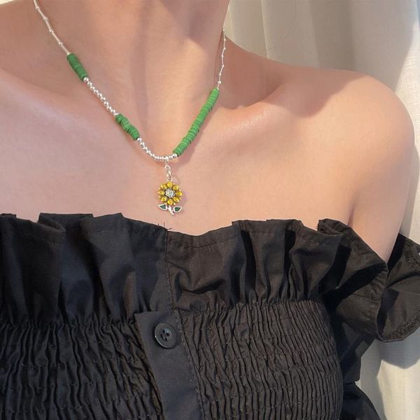 Collares pendientes llegada dulce girasol verde piedra Natural cadena joyería tailandesa plata mujer collar accesorios regalos colgante